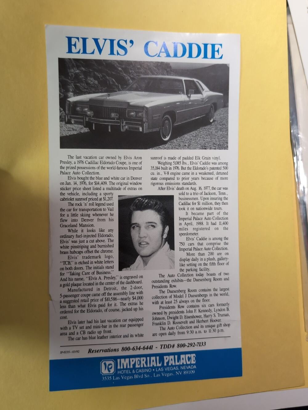 Imperial Palace Information Elvis' Caddie Last Vacation Car 1976 Eldorado Coupe